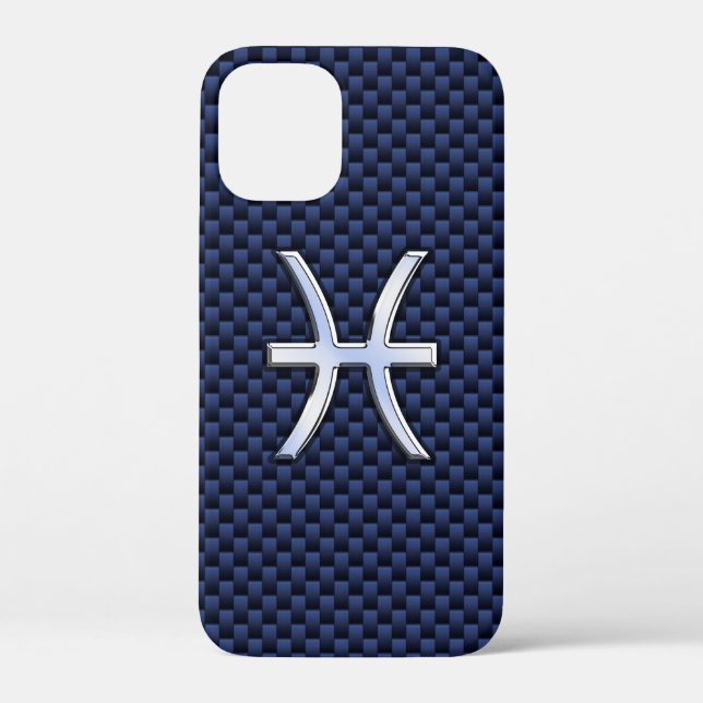 Silver Pisces Zodiac Symbol on Blue Carbon Case-Mate iPhone Case (Back)