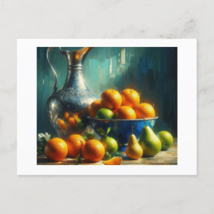 Silver Pitcher, Blue Bowl with Fruit, Postcard