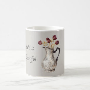 Silver Pitcher Vase Red Rose Flowers Coffee Mug