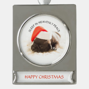 SILVER PLATED Banner Ornament PUPPY IN Santa hat