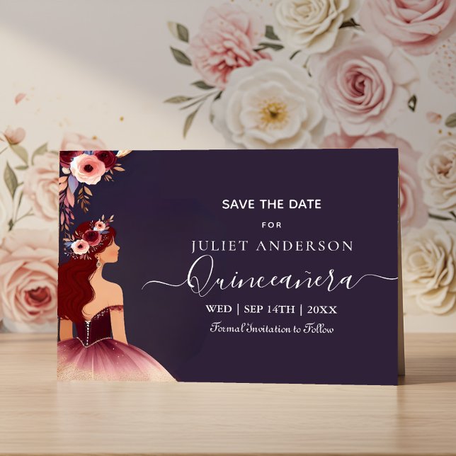 Silver Plum Lace Gown Boho Burgundy Quinceanera Save The Date (Creator Uploaded)