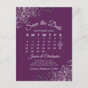 Silver Plum Purple Wedding Save the Date Calendar Announcement Postcard