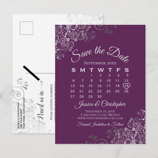 Silver Plum Purple Wedding Save the Date Calendar Announcement Postcard (Front/Back)