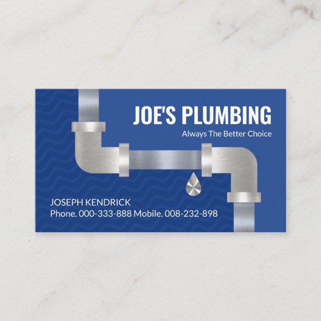 Silver Plumbing Pipe Blue Flood Waters Plumber Business Card (Front)