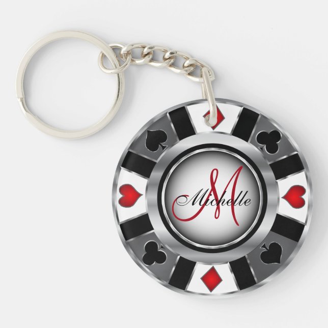 Silver Poker Chip Design - Monogram Key Ring (Front)