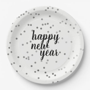 Silver Polka Dot Pattern New Year's Paper Plates