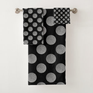 Silver polka dots, glitter retro pattern at black bath towel set