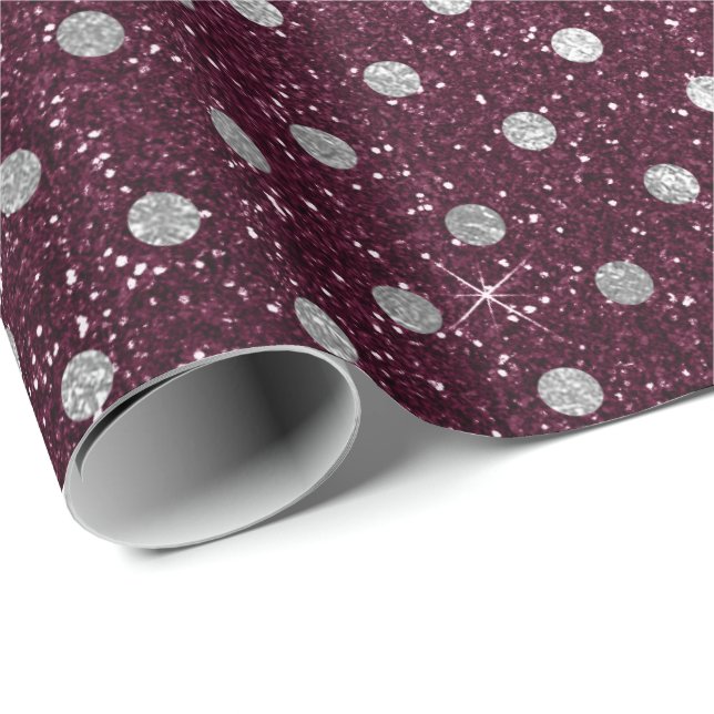 Silver Polka Dots Gray Glitter Beetroot Burgundy Wrapping Paper (Roll Corner)