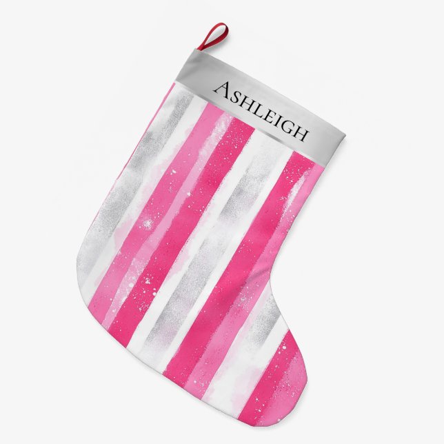 Silver Pretty Chic Pink Glam Christmas Stripes Large Christmas Stocking (Front (Hanging))