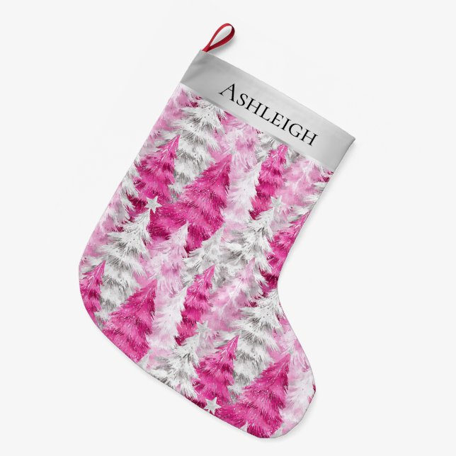 Silver Pretty Chic Pink Glam Christmas Trees Large Christmas Stocking (Front (Hanging))