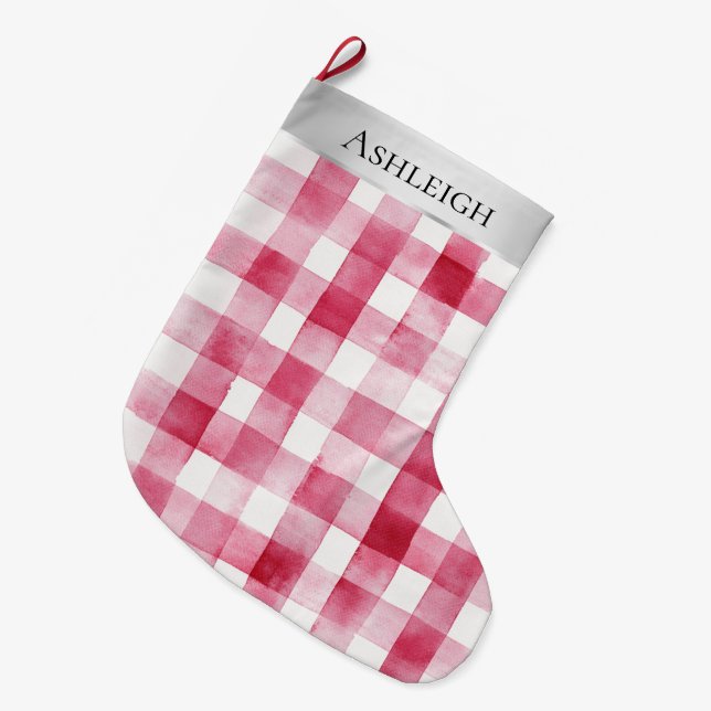 Silver Pretty Chic Pink Plaid Stripes Christmas   Large Christmas Stocking (Front (Hanging))
