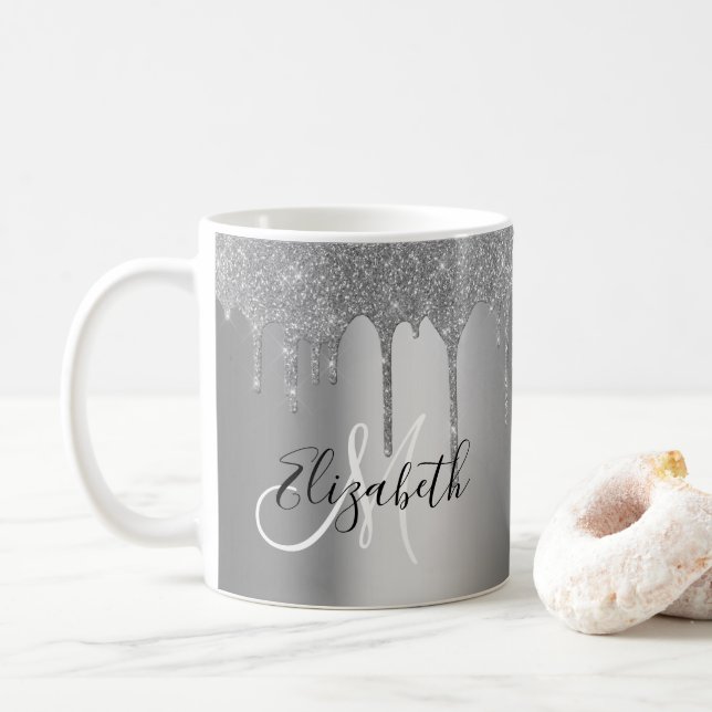 Silver Pretty Glitter Drips Metal Monogram Coffee Mug (With Donut)