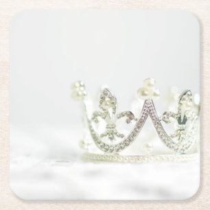 Silver Princess Crown Square Paper Coaster