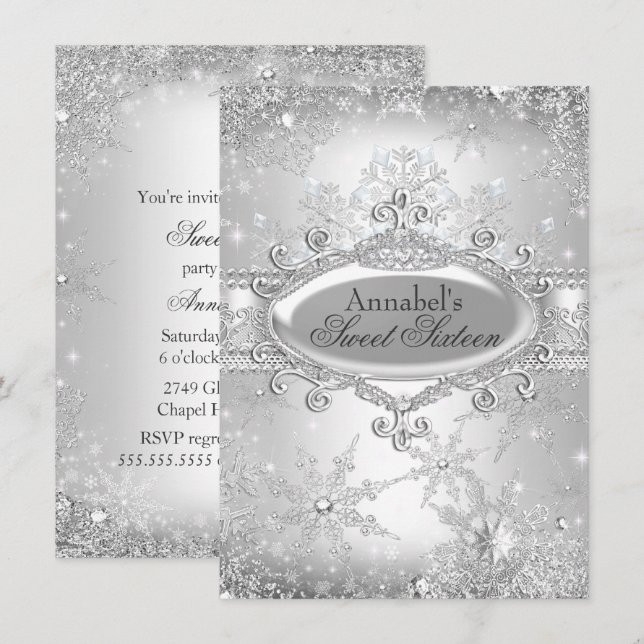 Silver Princess Winter Wonderland Sweet 16 Invite (Front/Back)