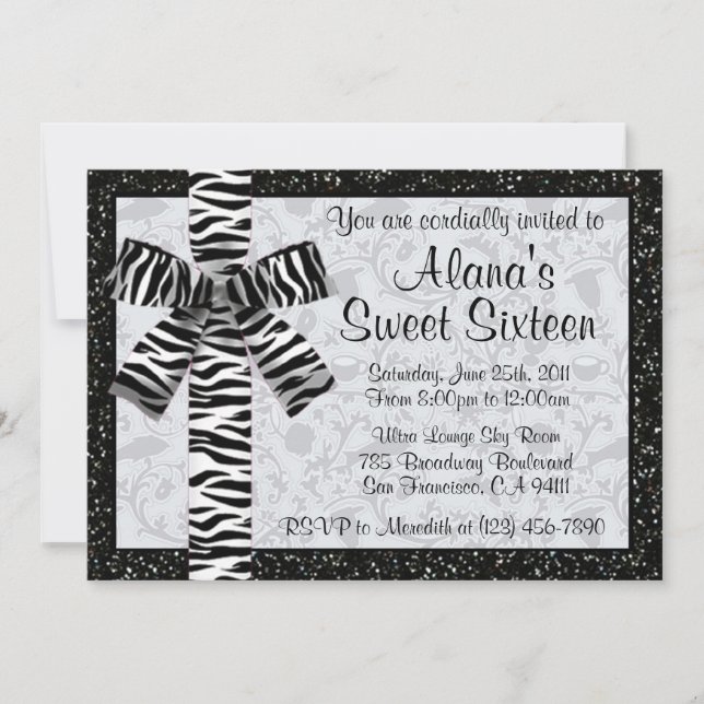 Silver Printed Glitter Invite With Zebra Print Bow (Front)
