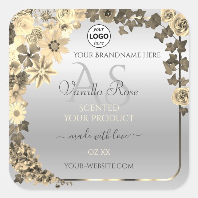 Silver Product Labels Sepia Flowers Monogram Logo (Front)