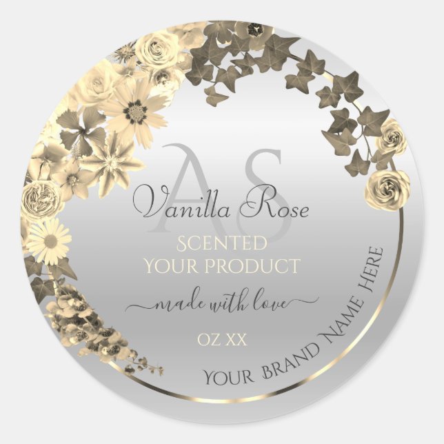 Silver Product Labels Sepia Flowers with Monogram (Front)