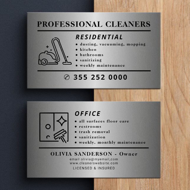 Silver professional cleaning modern business card (Creator Uploaded)