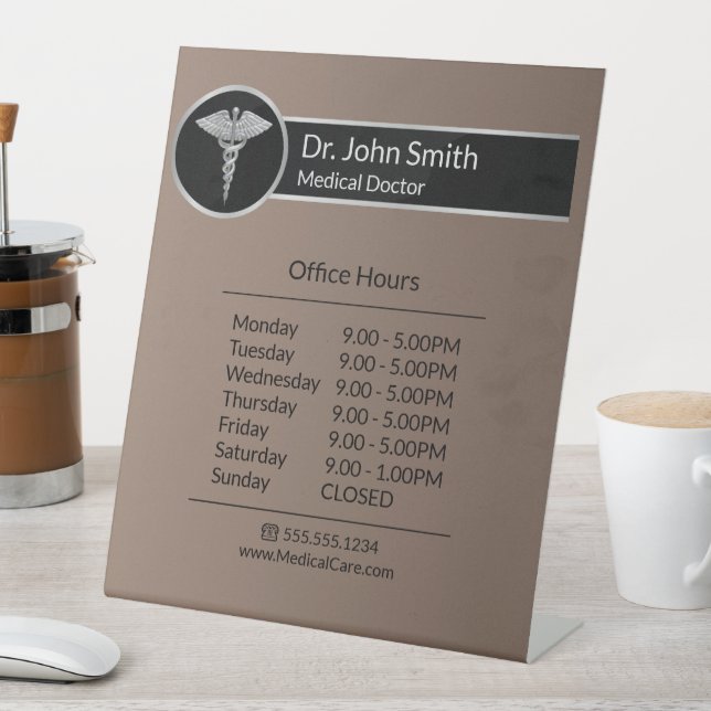 Silver Professional Medical Caduceus Opening Hours Pedestal Sign (In SItu)