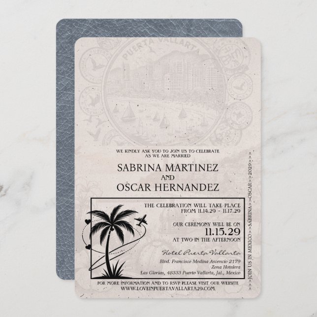 Silver Puerta Vallarta Passport Wedding Invitation (Front/Back)