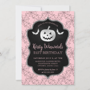 Silver Pumpkin and Pink Cobwebs 21st Birthday Invitation