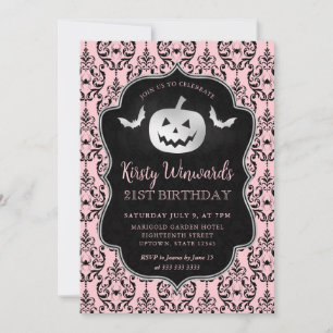 Silver Pumpkin and Pink Damask 21st Birthday Invitation