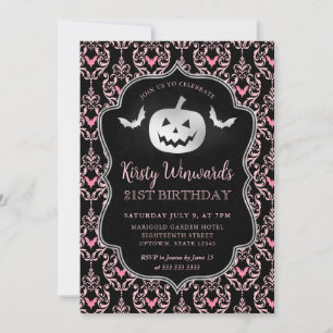 Silver Pumpkin and Pink Damask 21st Birthday Invitation