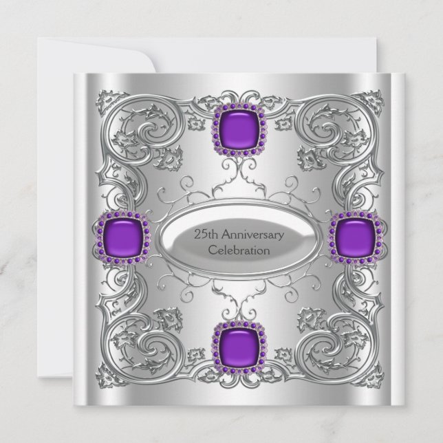 Silver Purple 25th Wedding Anniversary Party Invitation (Front)