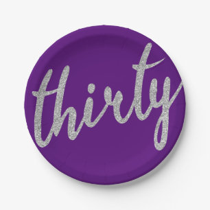 Silver Purple 30 Birthday Party Glitter "Thirty" Paper Plate