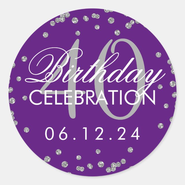 Silver Purple 40th Birthday Glitter Confetti Classic Round Sticker (Front)