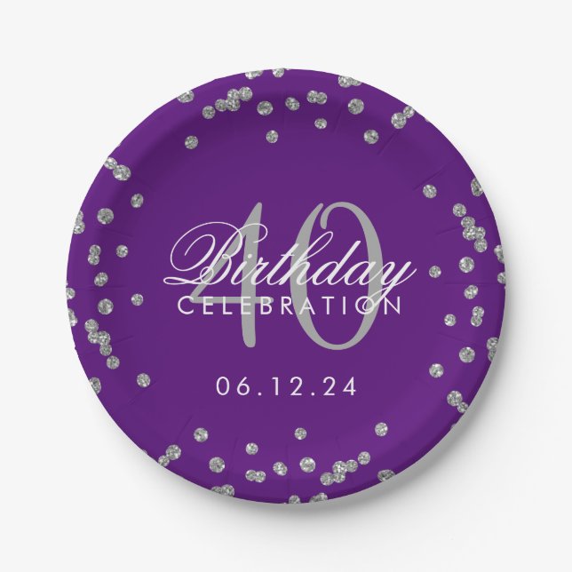 Silver Purple 40th Birthday Glitter Confetti Paper Plate (Front)