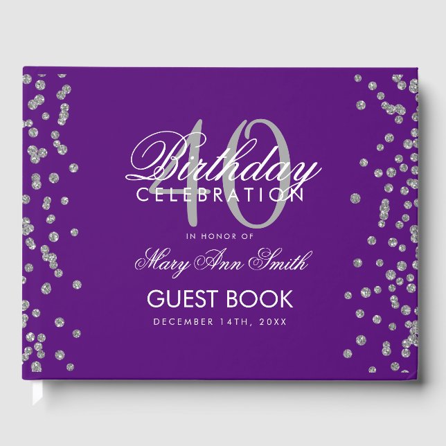Silver Purple 40th Birthday Party Confetti Guest Book (Front)