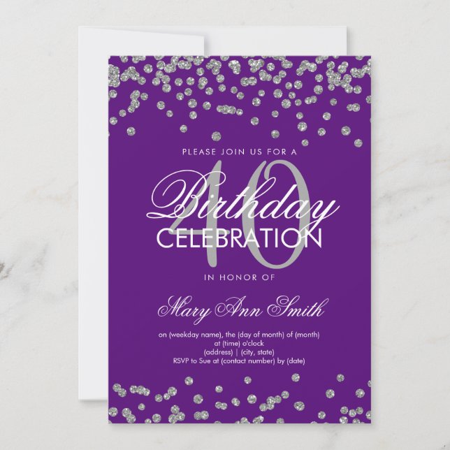 Silver Purple 40th Birthday Party Glitter Confetti Invitation (Front)