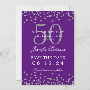 Silver Purple 50 Birthday Save Date Confetti Invitation