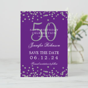 Silver Purple 50th Birthday Save Date & Details Invitation