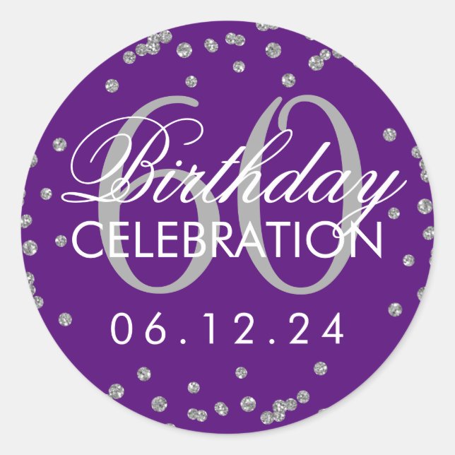 Silver Purple 60th Birthday Glitter Confetti Classic Round Sticker (Front)