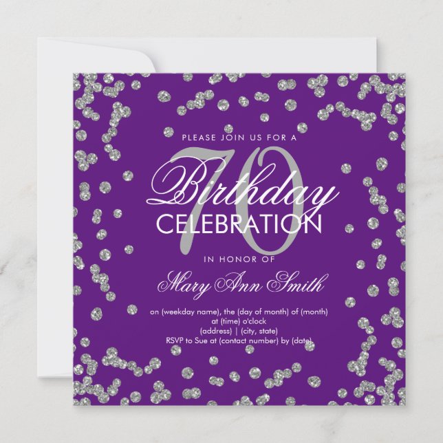 Silver Purple 70th Birthday Glitter Confetti Invitation (Front)