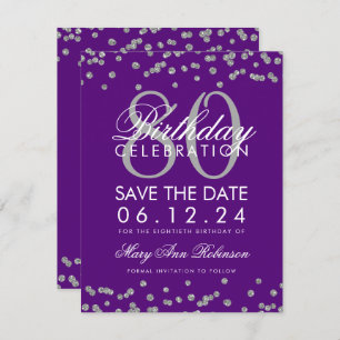 Silver Purple 80th Birthday Save Date Confetti Invitation