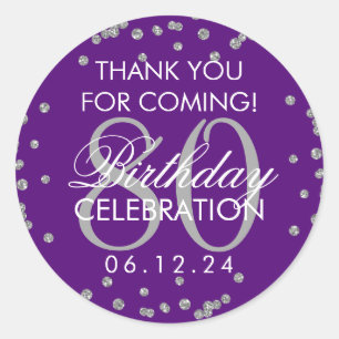 Silver Purple 80th Birthday Thank You Glitter Classic Round Sticker