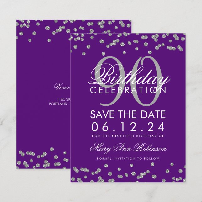 Silver Purple 90th Birthday Save Date Confetti Invitation (Front/Back)