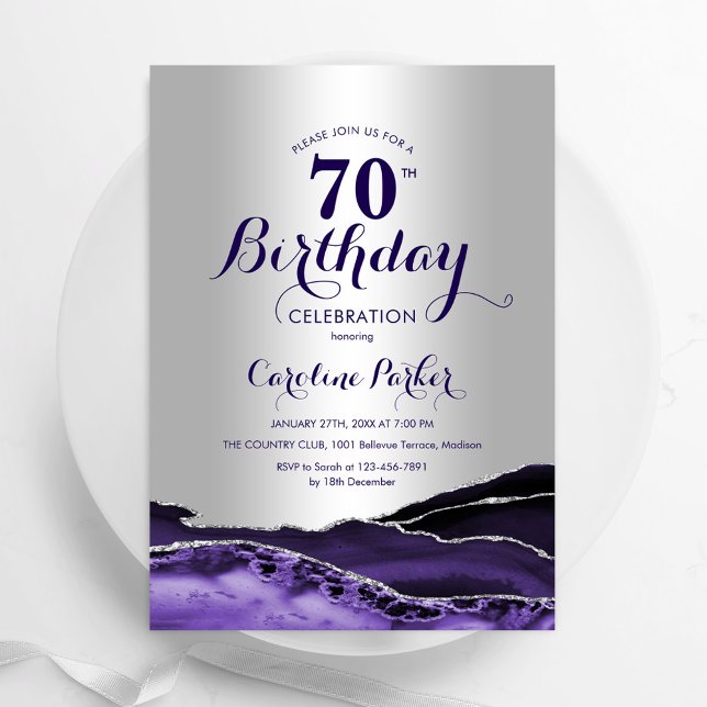 Silver Purple Agate 70th Birthday Invitation (Creator Uploaded)