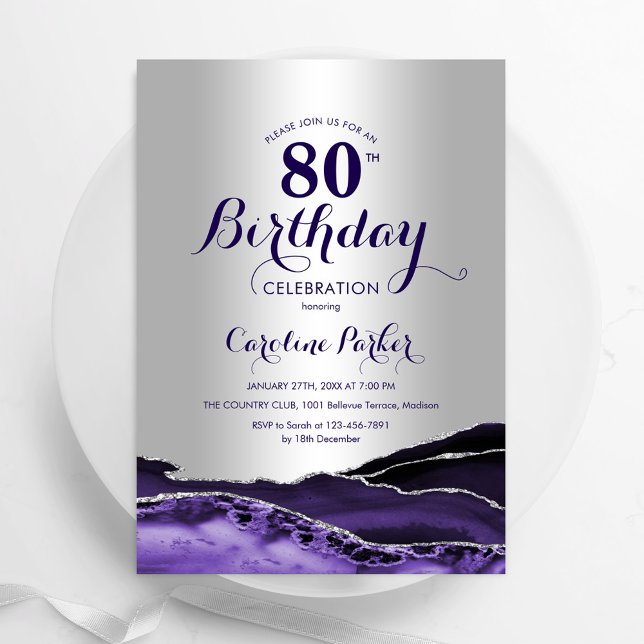 Silver Purple Agate 80th Birthday Invitation (Creator Uploaded)