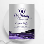 Silver Purple Agate 90th Birthday Invitation<br><div class="desc">Purple and silver agate 90th birthday party invitation. Elegant modern design featuring watercolor agate marble geode background,  faux glitter silver and typography script font. Trendy invite card perfect for a stylish women's bday celebration. Printed Zazzle invitations or instant download digital printable template.</div>