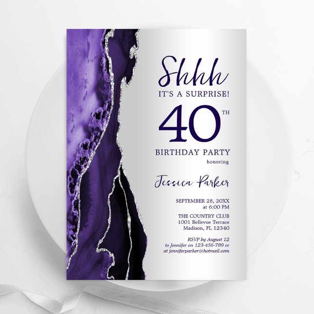 Silver Purple Agate Surprise 40th Birthday Invitation (Creator Uploaded)