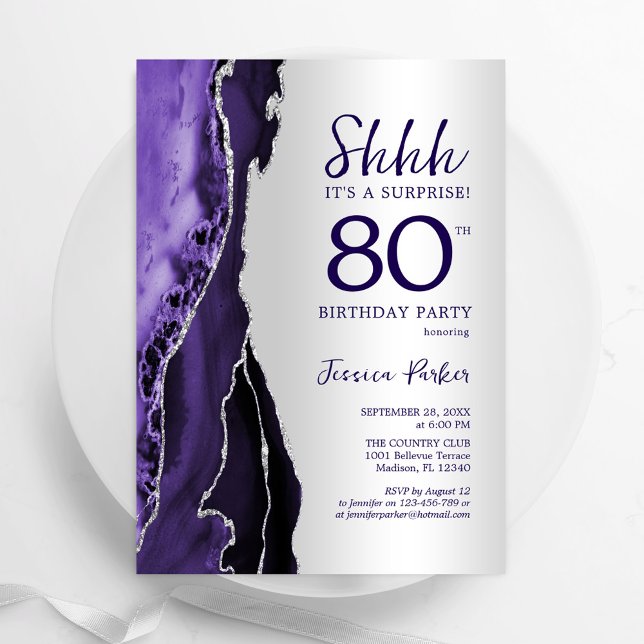 Silver Purple Agate Surprise 80th Birthday Invitation (Creator Uploaded)
