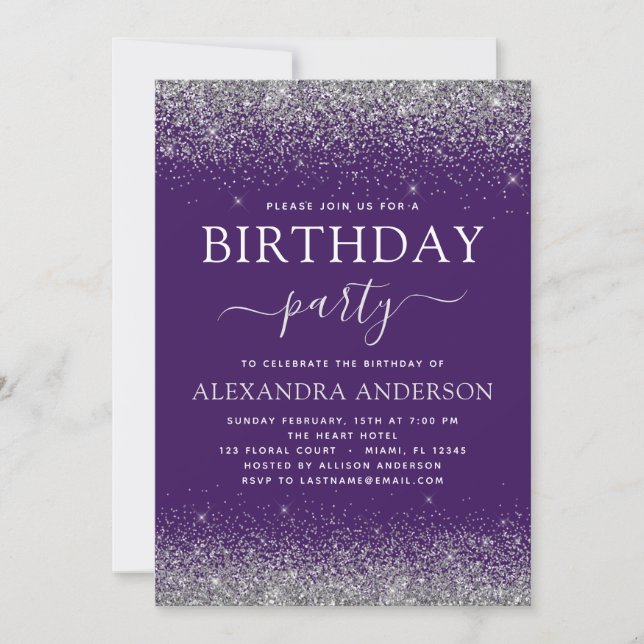 Silver Purple Any Age Birthday Modern Glitter Invitation (Front)