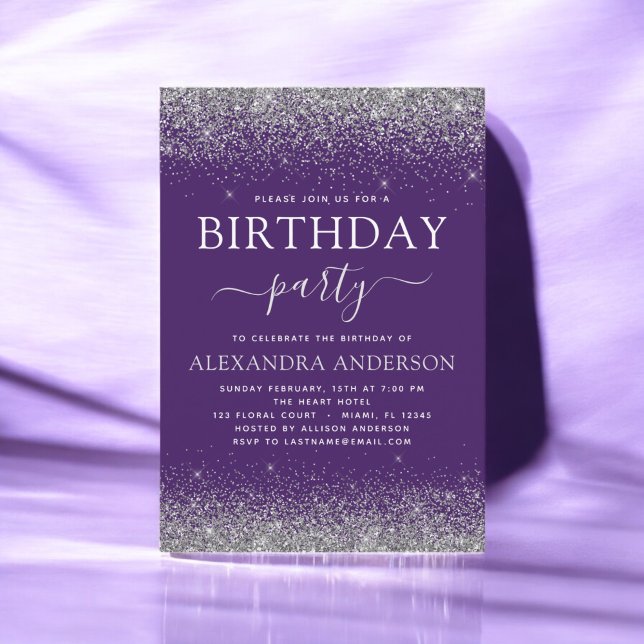 Silver Purple Any Age Birthday Modern Glitter Invitation (Creator Uploaded)