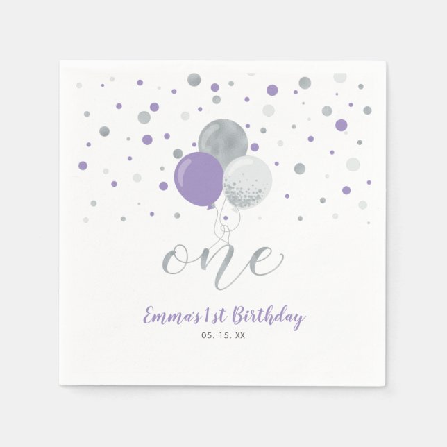 Silver & Purple Balloon Confetti Girl 1st Birthday Napkin (Front)