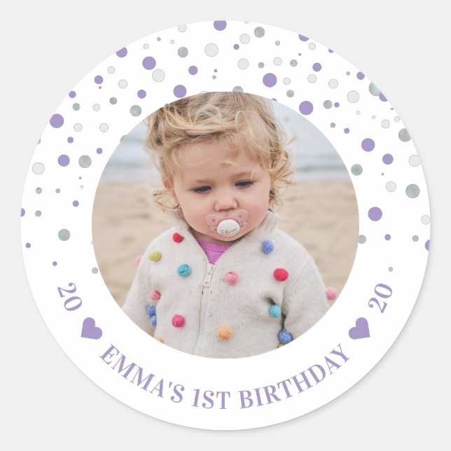 Silver & Purple Balloons 1st Birthday Party Photo Classic Round Sticker (Front)