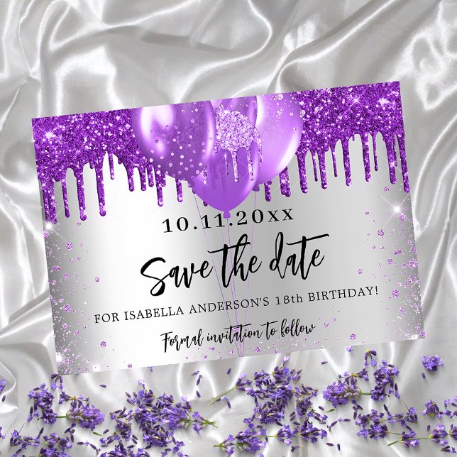 Silver purple balloons birthday save the date announcement postcard (Creator Uploaded)